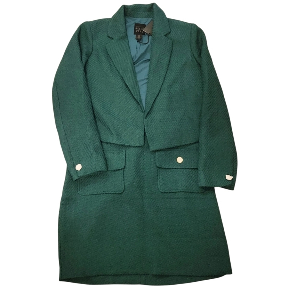 Belle Vere Green Women Suit Cropped Open Front Blazer Mini Skirt Size 12 New!